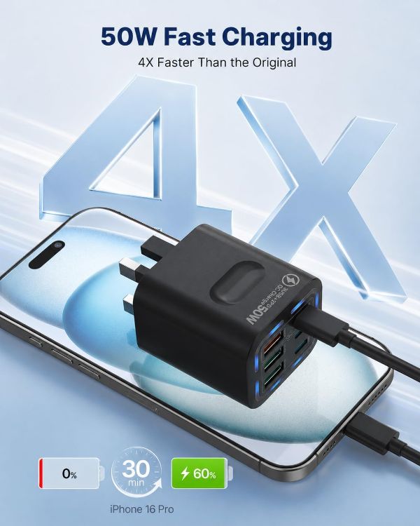 Picture of 2 Pack USB C Plug UK 50W, Tupneuf 6 Port USB Charger with 30W PD/PPS & 20W QC, Multiport Fast Charger for iPhone 17 16 15 Pro Max, iPad Pro Air, Samsung Galaxy S25 S24 S23, Android Phone, Black, Set