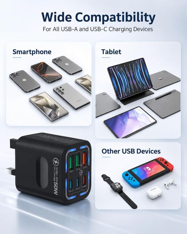 Picture of 2 Pack USB C Plug UK 50W, Tupneuf 6 Port USB Charger with 30W PD/PPS & 20W QC, Multiport Fast Charger for iPhone 17 16 15 Pro Max, iPad Pro Air, Samsung Galaxy S25 S24 S23, Android Phone, Black, Set