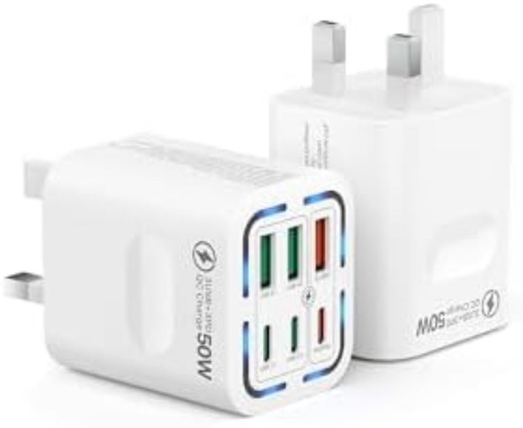 Picture of 2 Pack USB C Plug UK 50W, Tupneuf 6 Port USB Charger with 30W PD/PPS & 20W QC, Multiport Fast Charger for iPhone 17 16 15 Pro Max, iPad Pro Air, Samsung Galaxy S25 S24 S23, Android Phone, Black, Set