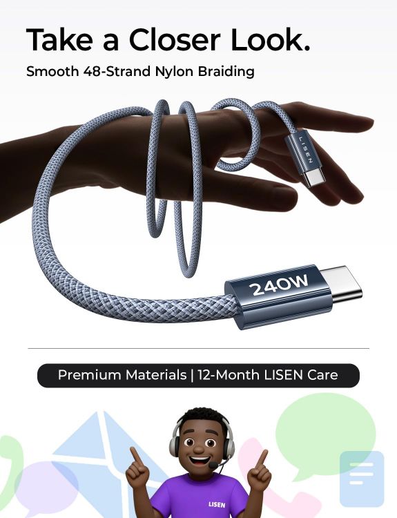 Picture of LISEN 240W USB C to USB C Cable [2-Pack 2m] USB C Charger Cable, Nylon Type C Charger Cable Fast Charging for iPhone 17 16 15 Pro Max, MacBook Pro/Air, iPad Pro, Samsung Galaxy S25 S24, Switch 2