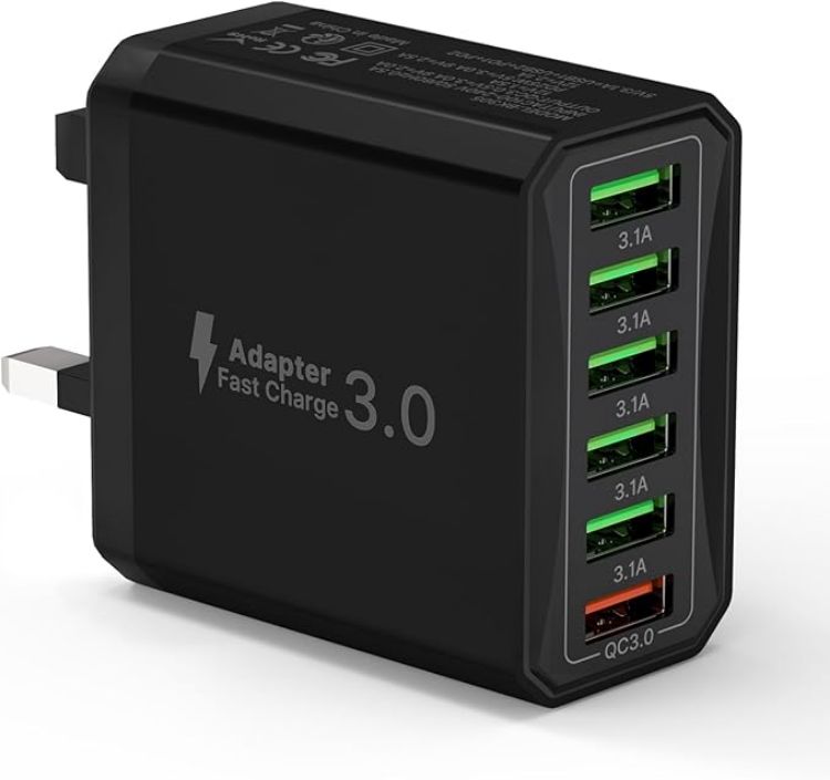 Picture of 33W USB Plug Fast Charge, 6-Port Multi Charger UK Charging Power Adapter Multiple Quick Charge 3.0 Wall Mains Plug for iPhone 16 15 14 13 12 11 Pro Max X XR XS 8 7 6 6S Plus 5 5S SE, iPad