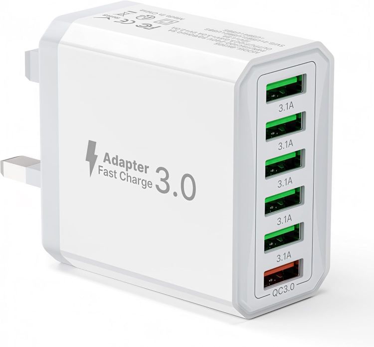 Picture of 33W USB Plug Fast Charge, 6-Port Multi Charger UK Charging Power Adapter Multiple Quick Charge 3.0 Wall Mains Plug for iPhone 16 15 14 13 12 11 Pro Max X XR XS 8 7 6 6S Plus 5 5S SE, iPad