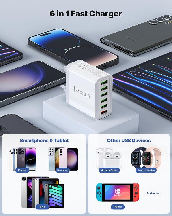 Picture of 33W USB Plug Fast Charge, 6-Port Multi Charger UK Charging Power Adapter Multiple Quick Charge 3.0 Wall Mains Plug for iPhone 16 15 14 13 12 11 Pro Max X XR XS 8 7 6 6S Plus 5 5S SE, iPad
