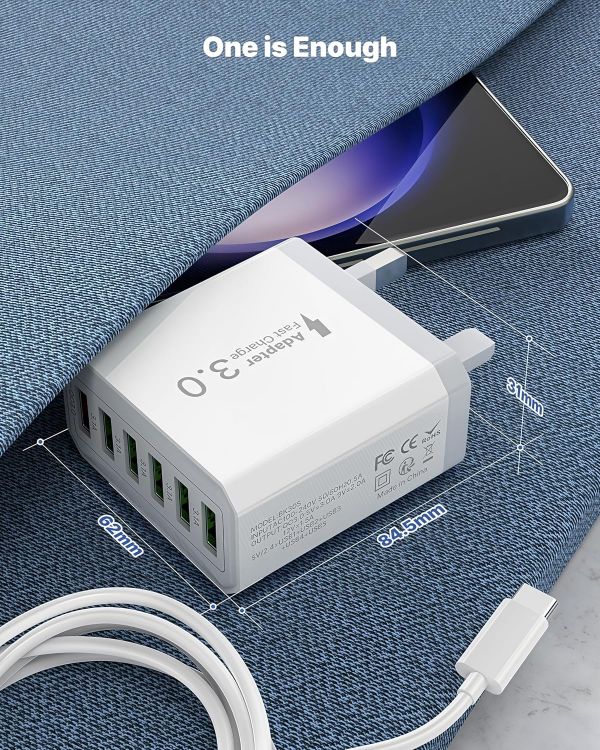 Picture of 33W USB Plug Fast Charge, 6-Port Multi Charger UK Charging Power Adapter Multiple Quick Charge 3.0 Wall Mains Plug for iPhone 16 15 14 13 12 11 Pro Max X XR XS 8 7 6 6S Plus 5 5S SE, iPad