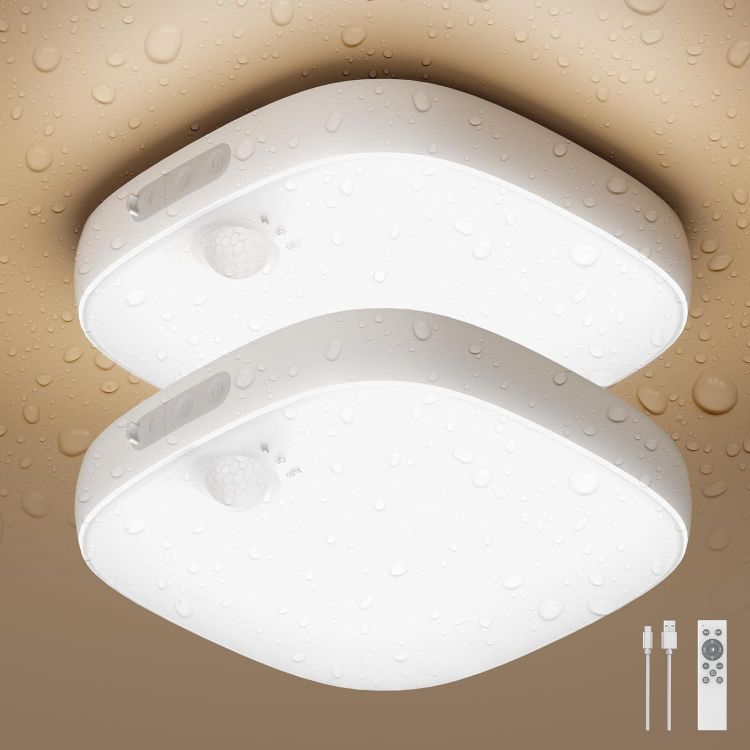 Picture of FULEN Motion Sensor Ceiling Light, Rechargeable Closet Light with 10000mAh Battery, LED Shower Lamp for Bathroom,IP65 Waterproof, Cordless Ceiling Lamp with RGB Colors, Remote Control 