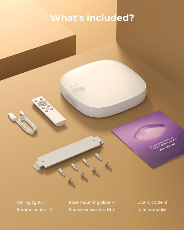 Picture of FULEN Motion Sensor Ceiling Light, Rechargeable Closet Light with 10000mAh Battery, LED Shower Lamp for Bathroom,IP65 Waterproof, Cordless Ceiling Lamp with RGB Colors, Remote Control 