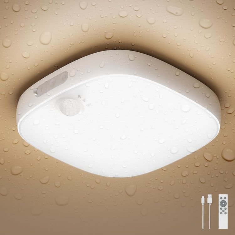Picture of FULEN Motion Sensor Ceiling Light, Rechargeable Closet Light with 10000mAh Battery, LED Shower Lamp for Bathroom,IP65 Waterproof, Cordless Ceiling Lamp with RGB Colors, Remote Control 