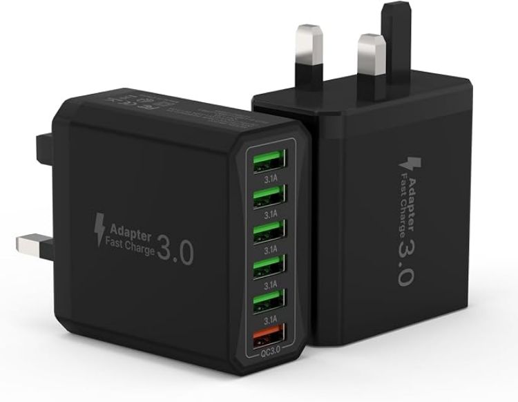 Picture of 2-Pack 33W USB Plug UK, 6-Port USB Fast Charger Plug Multiple with Quick Charge 3.0 Wall Charger, Multi Fast Charging Power Adapter for iPhone 16 15 Pro Max 14 Plus 13 12 11 SE XR, iPad, Samsung