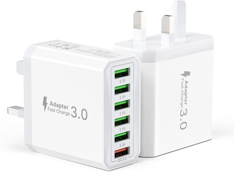 Picture of 2-Pack 33W USB Plug UK, 6-Port USB Fast Charger Plug Multiple with Quick Charge 3.0 Wall Charger, Multi Fast Charging Power Adapter for iPhone 16 15 Pro Max 14 Plus 13 12 11 SE XR, iPad, Samsung