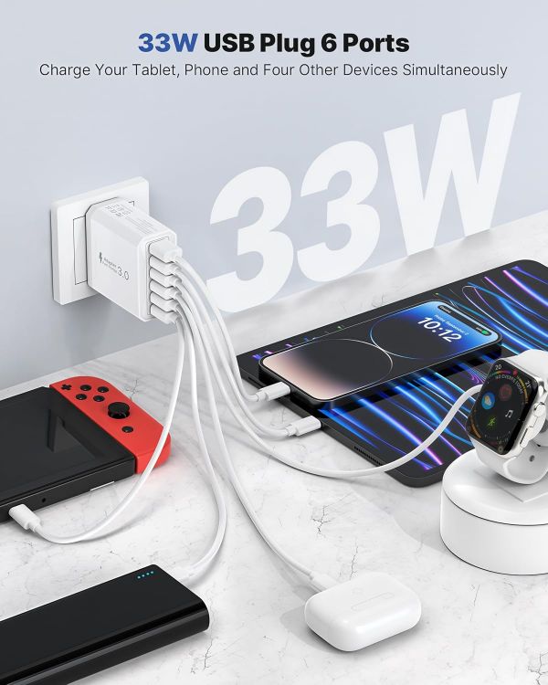 Picture of 2-Pack 33W USB Plug UK, 6-Port USB Fast Charger Plug Multiple with Quick Charge 3.0 Wall Charger, Multi Fast Charging Power Adapter for iPhone 16 15 Pro Max 14 Plus 13 12 11 SE XR, iPad, Samsung