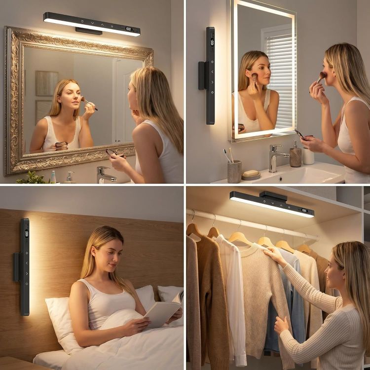 Picture of Makeup Light for Bathroom, Rechargeable Mirror Lights with Battery Display,Dimmable Stick on Vanity Lights with 5 Color Modes,Remote Control Wireless Bathroom Lamp for Dressing Table,Bathroom,Cupboard