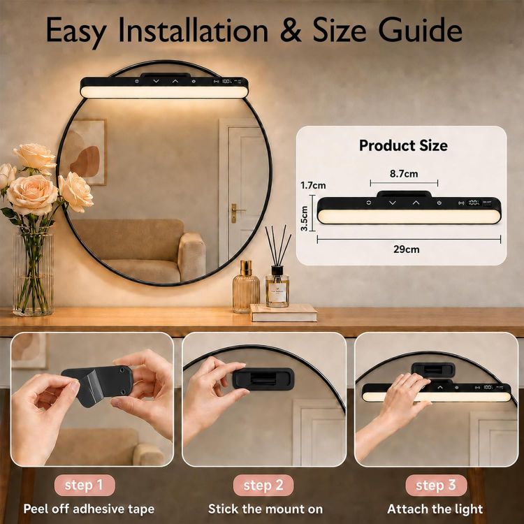 Picture of Makeup Light for Bathroom, Rechargeable Mirror Lights with Battery Display,Dimmable Stick on Vanity Lights with 5 Color Modes,Remote Control Wireless Bathroom Lamp for Dressing Table,Bathroom,Cupboard