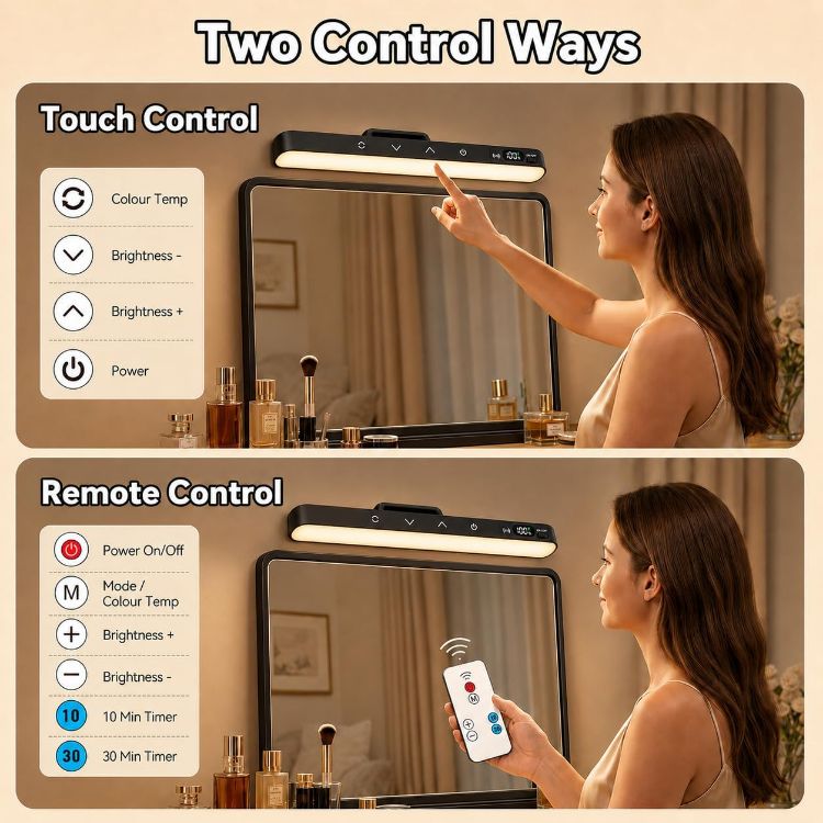 Picture of Makeup Light for Bathroom, Rechargeable Mirror Lights with Battery Display,Dimmable Stick on Vanity Lights with 5 Color Modes,Remote Control Wireless Bathroom Lamp for Dressing Table,Bathroom,Cupboard