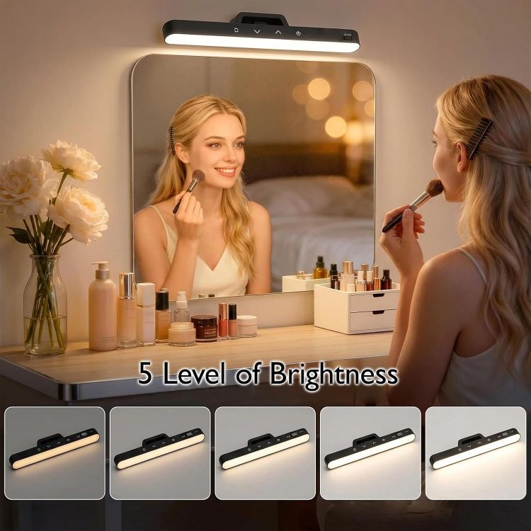 Picture of Makeup Light for Bathroom, Rechargeable Mirror Lights with Battery Display,Dimmable Stick on Vanity Lights with 5 Color Modes,Remote Control Wireless Bathroom Lamp for Dressing Table,Bathroom,Cupboard