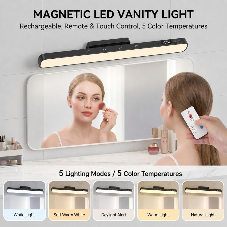 Picture of Makeup Light for Bathroom, Rechargeable Mirror Lights with Battery Display,Dimmable Stick on Vanity Lights with 5 Color Modes,Remote Control Wireless Bathroom Lamp for Dressing Table,Bathroom,Cupboard