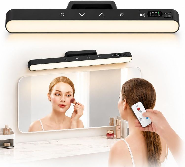 Picture of Makeup Light for Bathroom, Rechargeable Mirror Lights with Battery Display,Dimmable Stick on Vanity Lights with 5 Color Modes,Remote Control Wireless Bathroom Lamp for Dressing Table,Bathroom,Cupboard