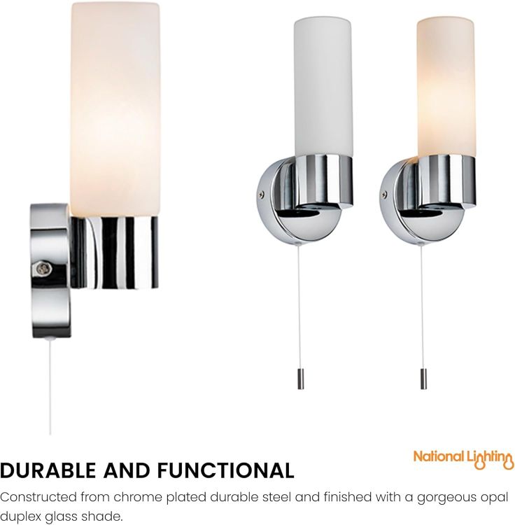 Picture of Pure Modern Chrome Plated and Frosted Glass E14 LED Compatible Bathroom Wall Light with Pull Cord IP44 Rated [Energy Class A]