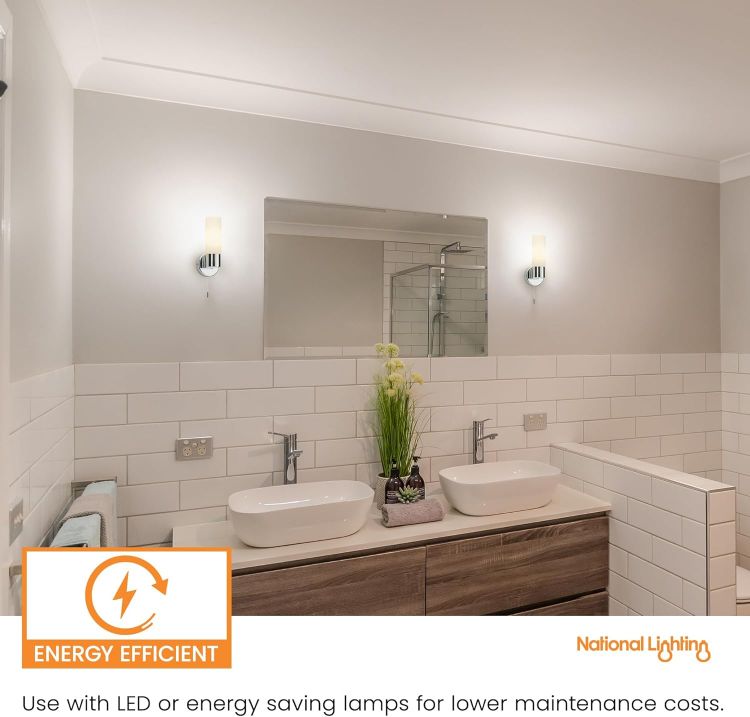 Picture of Pure Modern Chrome Plated and Frosted Glass E14 LED Compatible Bathroom Wall Light with Pull Cord IP44 Rated [Energy Class A]