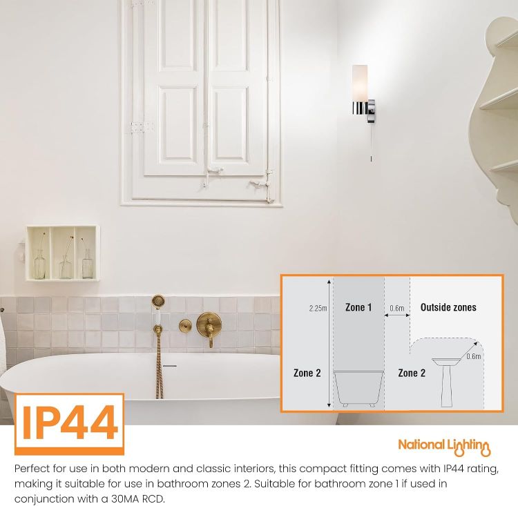 Picture of Pure Modern Chrome Plated and Frosted Glass E14 LED Compatible Bathroom Wall Light with Pull Cord IP44 Rated [Energy Class A]