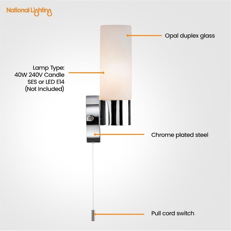 Picture of Pure Modern Chrome Plated and Frosted Glass E14 LED Compatible Bathroom Wall Light with Pull Cord IP44 Rated [Energy Class A]