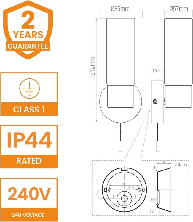 Picture of Pure Modern Chrome Plated and Frosted Glass E14 LED Compatible Bathroom Wall Light with Pull Cord IP44 Rated [Energy Class A]