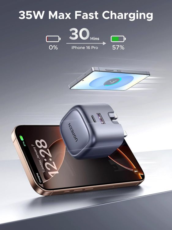 Picture of UGREEN USB C Charger PD 35W USB C Plug Nexode 2-Port Compact Fast Charger Plug Foldable GaN Charger Compatible with iPhone 17/16/15/14/13/12, Galaxy S10-S25 Series, Pixel 9/8/7/6