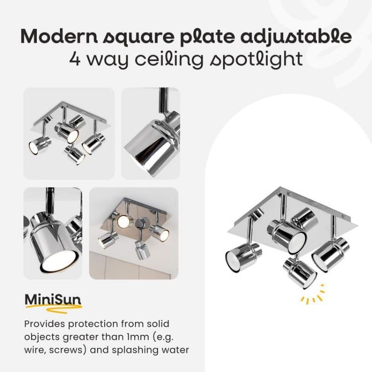 Picture of Modern Polished Chrome Square Plate Adjustable 4 Way Ceiling Spotlight | Ceiling Spots, Home Décor & Improvement Essential | Mains Wired