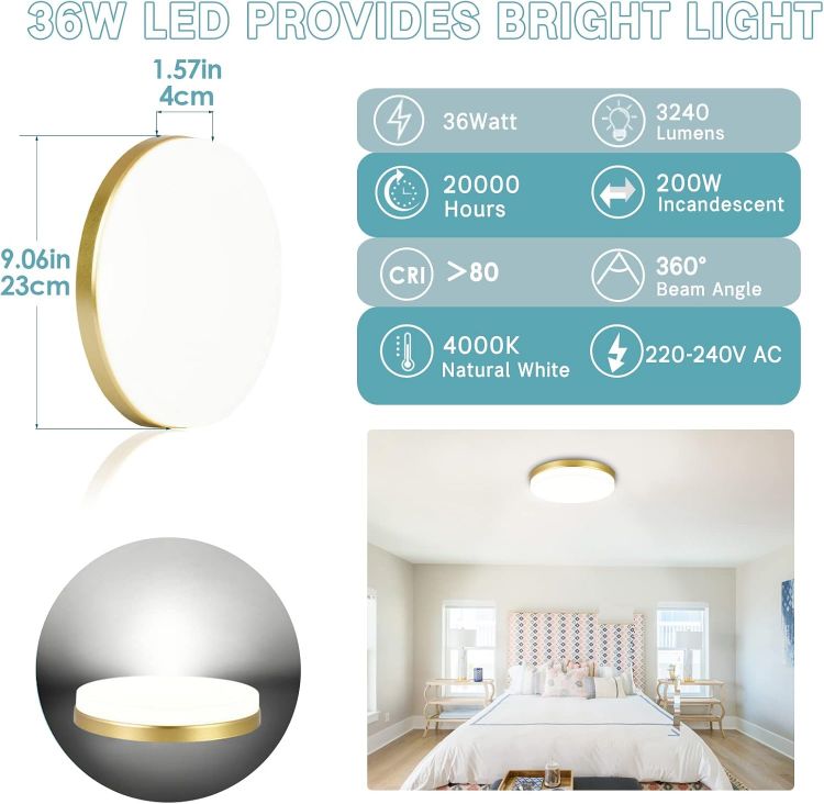 Picture of LED Ceiling Light, 36W Gold Ceiling Light, 4000K Natural White Bathroom Light, 3240LM Bright Round Ceiling Lights for Kitchen, Bedroom, Hallway, Utility Room, Laundry, Toilet, Porch, Ø23 CM [Energy Class E]