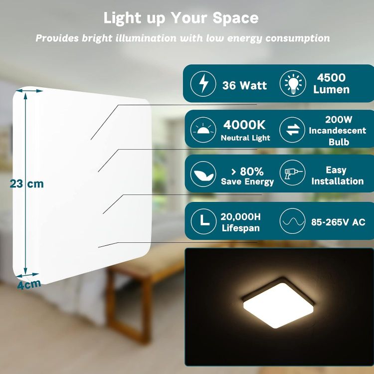 Picture of LED Ceiling Light, 36W 4000K Neutral White Kitchen Lights Ceiling, 4500LM Square Ceiling Lights for Bedroom, Hallway, Office, Utility Room, Toilet, Porch, Corridor, Balcony [Energy Class F]