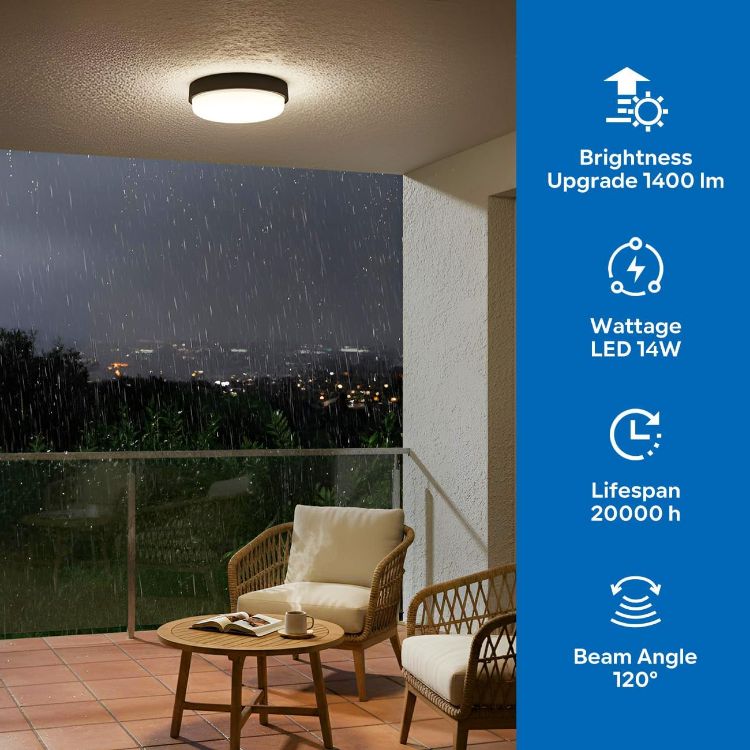 Picture of 14W Led Bulkhead Lights Outdoor, Ip54 Led Round Bathroom Light,1400LM,4000K Black Sauna Wall Light,Waterproof Outside Lights Mains Powered for Porch,Kitchen, Bedroom,Living Room