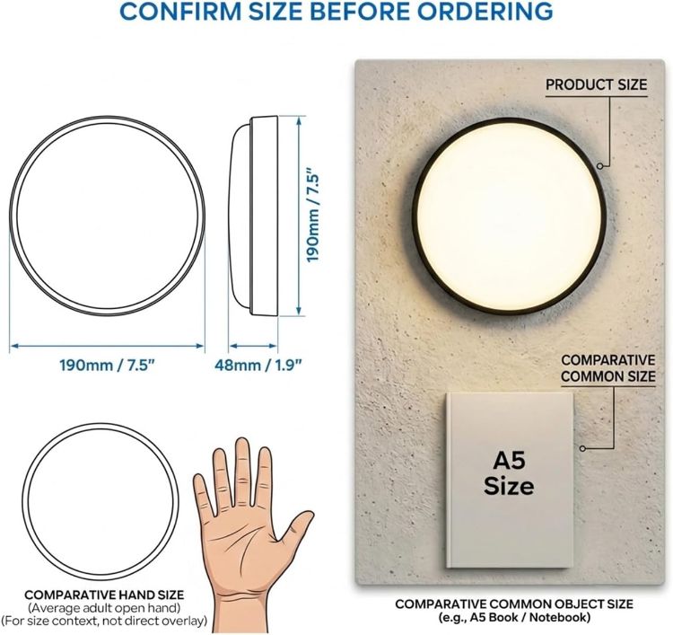 Picture of 14W Led Bulkhead Lights Outdoor, Ip54 Led Round Bathroom Light,1400LM,4000K Black Sauna Wall Light,Waterproof Outside Lights Mains Powered for Porch,Kitchen, Bedroom,Living Room