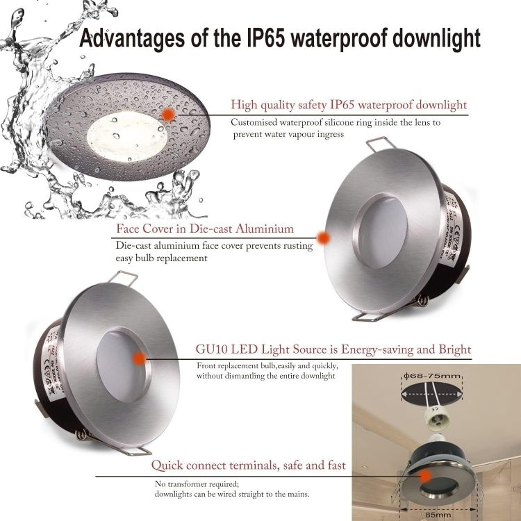 Picture of LED Downlights 5W, GU10 IP65 Bathroom Spotlights 3000K Warm White, 430LM Waterproof Recessed Ceiling Lights for Shower, Kitchen, Cut Out 68-75mm 4 Pack