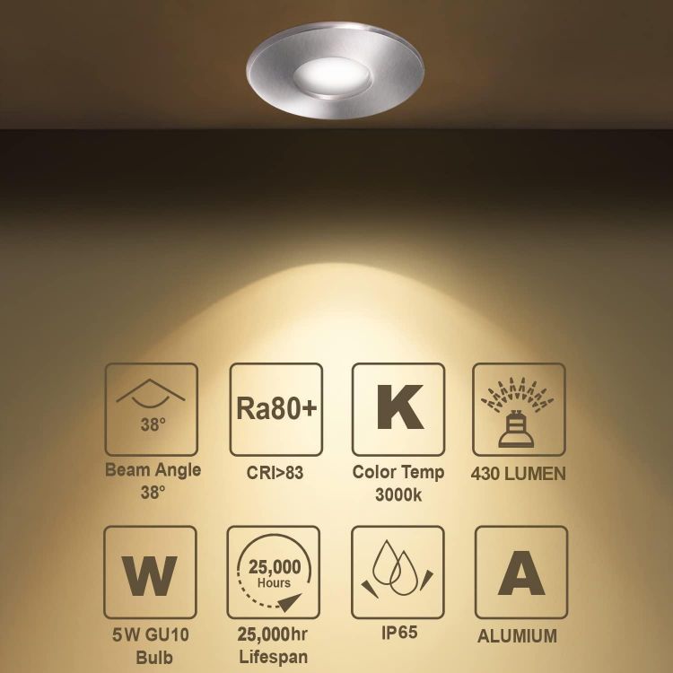 Picture of LED Downlights 5W, GU10 IP65 Bathroom Spotlights 3000K Warm White, 430LM Waterproof Recessed Ceiling Lights for Shower, Kitchen, Cut Out 68-75mm 4 Pack