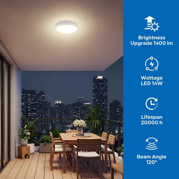 Picture of 14W Outdoor Bulkhead Lights, Ip54 Led Round Bathroom Light,1400LM,4000K Natural White Wall Outside Light,Waterproof Outside Lights for Porch,Kitchen, Bedroom,Living Room