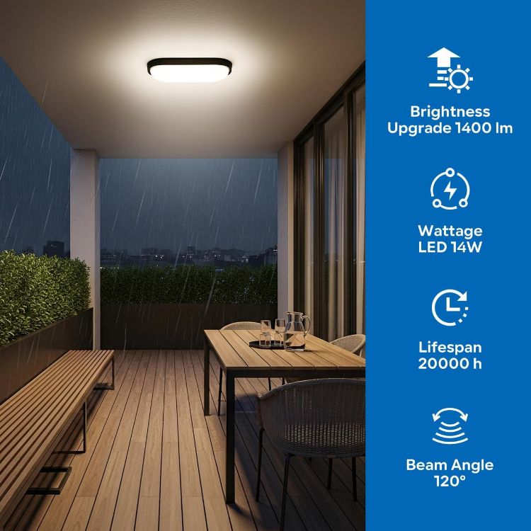 Picture of 14W Bulkhead Lights Outdoor, Ip54 Led Round Bathroom Light,1400LM,4000K Natural Black Wall Outside Light,Waterproof Outside Lights Mains Powered for Porch,Kitchen, Bedroom,Living Room (2 Pack)