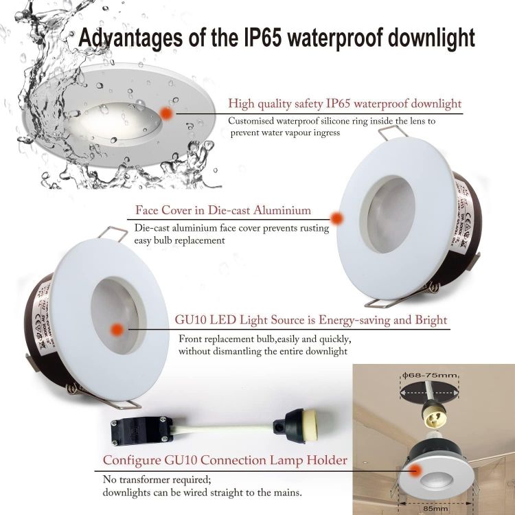Picture of 4XSweier IP65 Waterproof LED Recessed Ceiling Lights, 5W Warm White 3000K LED Spot, Suitable for Bathroom and Kitchen spotlights (Configure GU10 Lamp Holder) Downlight Cut-Out 68mm