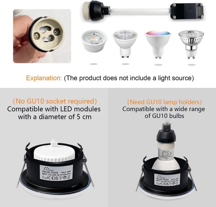 Picture of 4XSweier IP65 Waterproof LED Recessed Ceiling Lights, 5W Warm White 3000K LED Spot, Suitable for Bathroom and Kitchen spotlights (Configure GU10 Lamp Holder) Downlight Cut-Out 68mm
