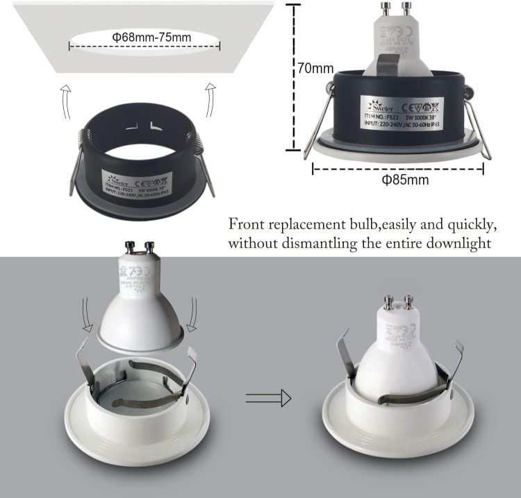Picture of 4XSweier IP65 Waterproof LED Recessed Ceiling Lights, 5W Warm White 3000K LED Spot, Suitable for Bathroom and Kitchen spotlights (Configure GU10 Lamp Holder) Downlight Cut-Out 68mm