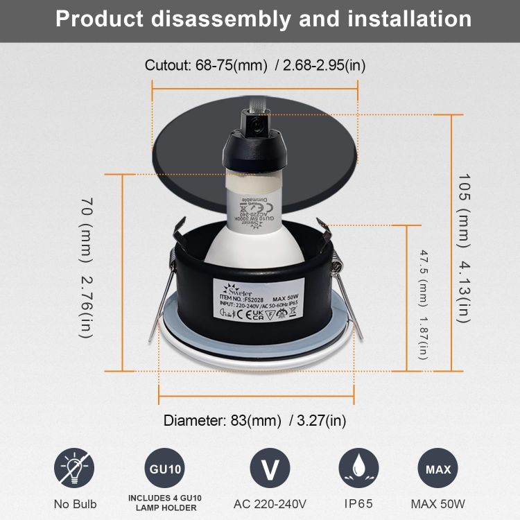 Picture of 4XSweier IP65 Waterproof LED Recessed Ceiling Lights, 5W Warm White 3000K LED Spot, Suitable for Bathroom and Kitchen spotlights (Configure GU10 Lamp Holder) Downlight Cut-Out 68mm
