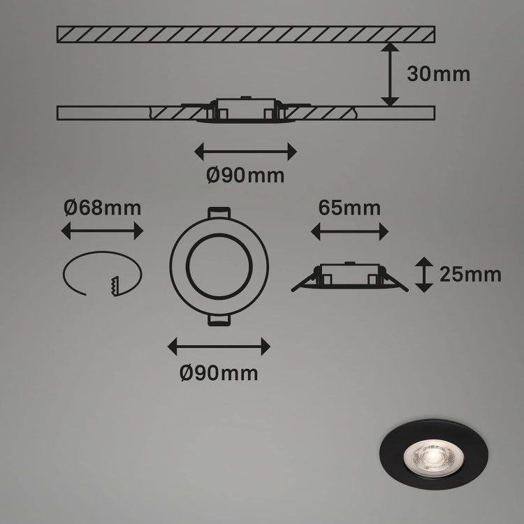 Picture of LED Downlight Spotlights, Set of 4 Recessed Ceiling Lights, IP44 Water Splash Protection, 230V, Warm White, 4.9 W 480lm, LED Downlights, Bathroom Ceiling Lights, 9x2.5cm, Black