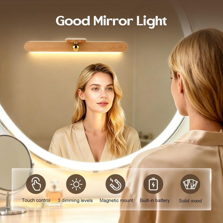 Picture of 2 PCS Vanity Light Stick On Mirror Fixtures, 3-Level Dimmable Touch Control LED Rechargeable Bathroom Lights, Makeup Mirror Lights for Bathroom Living Room Bedroom