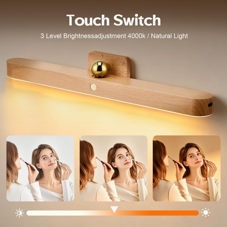 Picture of 2 PCS Vanity Light Stick On Mirror Fixtures, 3-Level Dimmable Touch Control LED Rechargeable Bathroom Lights, Makeup Mirror Lights for Bathroom Living Room Bedroom