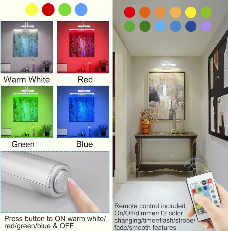 Picture of BIGMONAT LED Mural light, Wireless Charging LED Bathroom Mirror Cabinet Light, Makeup Cabinet Light, Rotatable Lamp Holder, with Remote Dimming and Timer, Upgraded to 12 Color Changing Silver