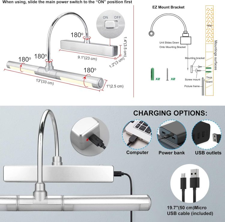 Picture of BIGMONAT LED Mural light, Wireless Charging LED Bathroom Mirror Cabinet Light, Makeup Cabinet Light, Rotatable Lamp Holder, with Remote Dimming and Timer, Upgraded to 12 Color Changing Silver