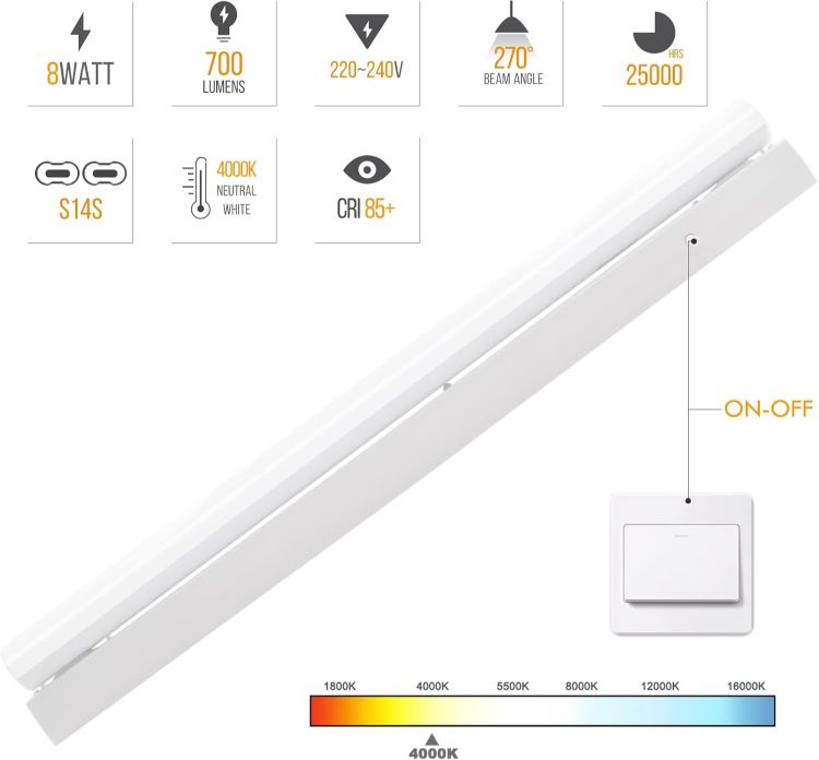 Picture of LED Bathroom Wall Lamp Above Mirror Light 8W, White Under Kitchen Cabinet Lights 513MM, with Replaceable S14S 700Lm LED Tube Light Bulb, Make-up Mirror Light Neutral White Lighting 4000K Not Dimmable