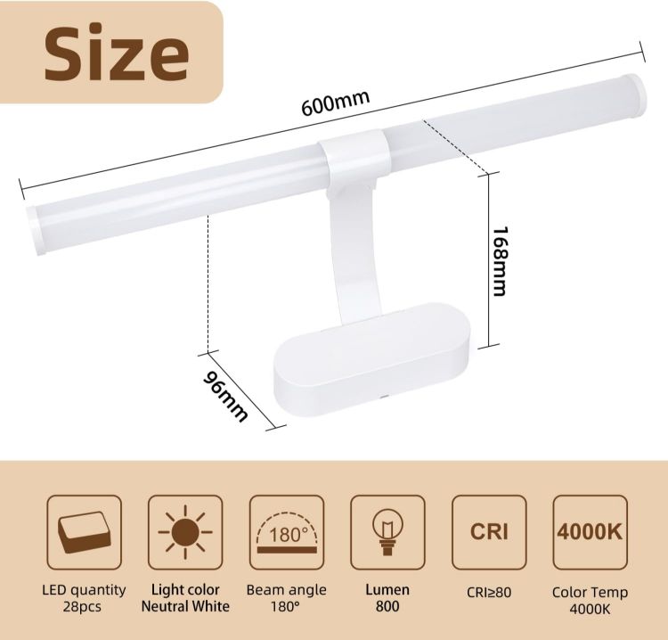 Picture of Aigostar 8W Bathroom Vanity Lighting Fixtures 950LM 60CM 4000K | IP44 Waterproof Bathroom Mirror Wall Light, Cabinet Picture Wall Light for Bedroom, LED Makeup Shaver Lamp