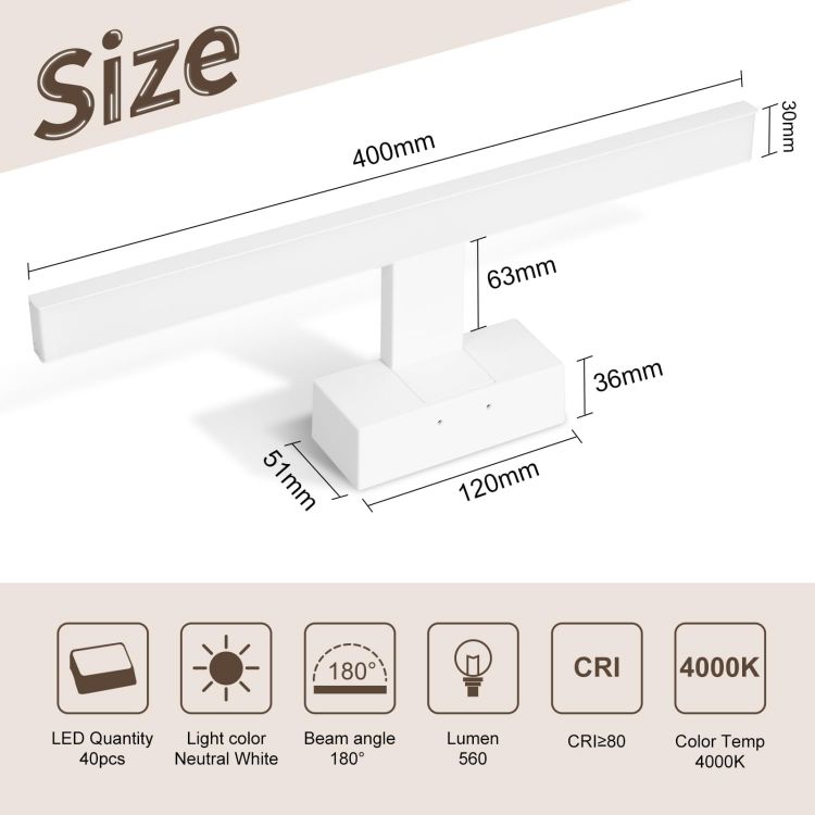 Picture of Aigostar 8W Bathroom Mirror Wall Light 40CM 4000K IP44 Waterproof | Bathroom Vanity Lighting Fixtures 560LM, Cabinet Picture Wall Light for Bedroom, LED Makeup Shaver Lamp, White