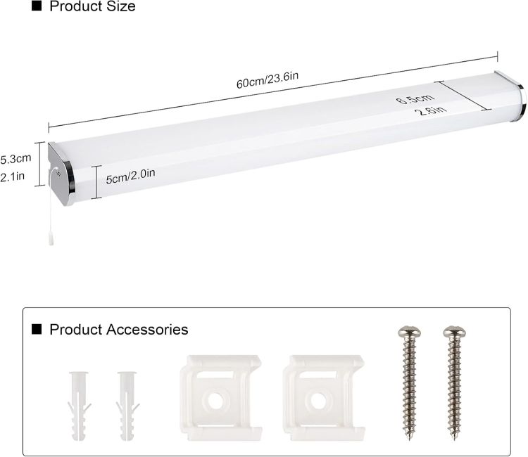 Picture of 15W LED Bathroom Wall Light Above Mirror, Vanity Cabinet Wall Lamp with Pull Cord Switch, Waterproof IP44 Length 60CM Lighting Range 1300LM Warm White 3000K