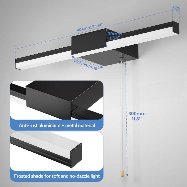 Picture of 3-Colour 40CM Bathroom Over Mirror Light with Pull Cord Switch, IP44 Water Resistant 3CCT LED Bathroom Wall Light Fixture Black, 8W AC230V Hard Wired