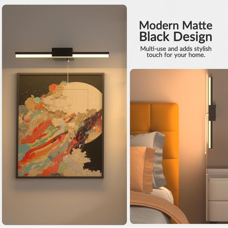 Picture of 3-Colour 40CM Bathroom Over Mirror Light with Pull Cord Switch, IP44 Water Resistant 3CCT LED Bathroom Wall Light Fixture Black, 8W AC230V Hard Wired